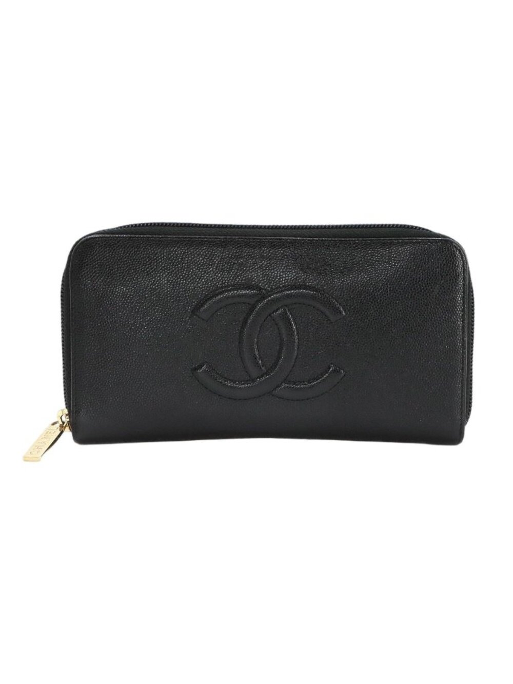 Chanel CC Logo Zip Around Wallet Caviar Leather Black Silver